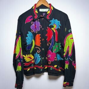 Vintage RS Sport Embroidered Jacket Black Floral Artsy Cropped Button Front L